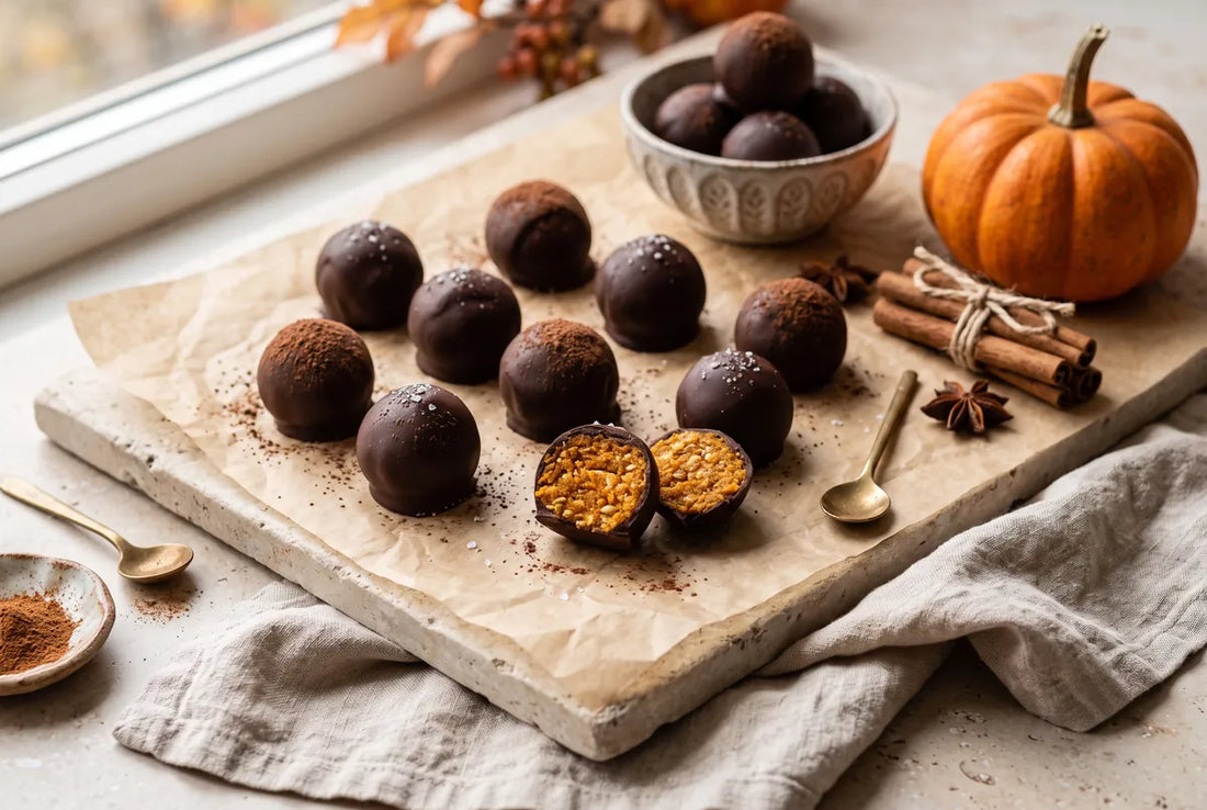 Spiced pumpkin, nut butter and oat truffles dipped in 80% dark chocolate.