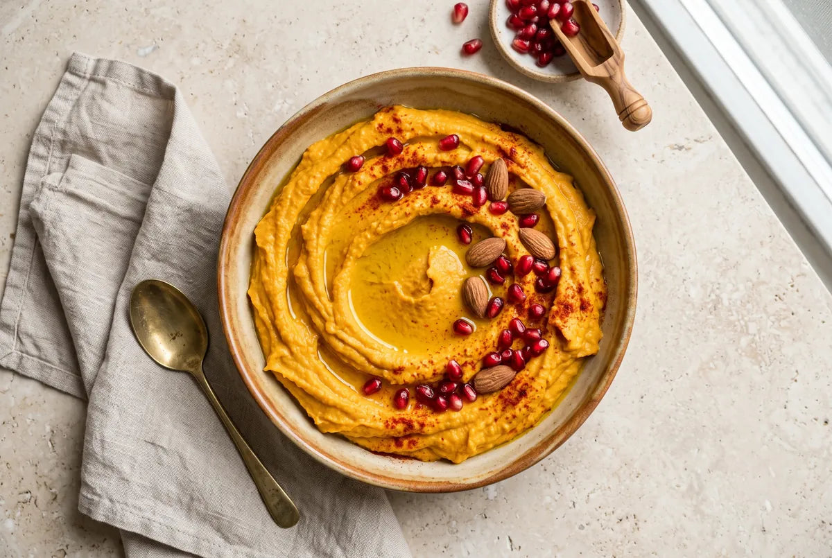 Pumpkin hummus whipped with chickpeas, tahini and warm spices, topped with pomegranate.