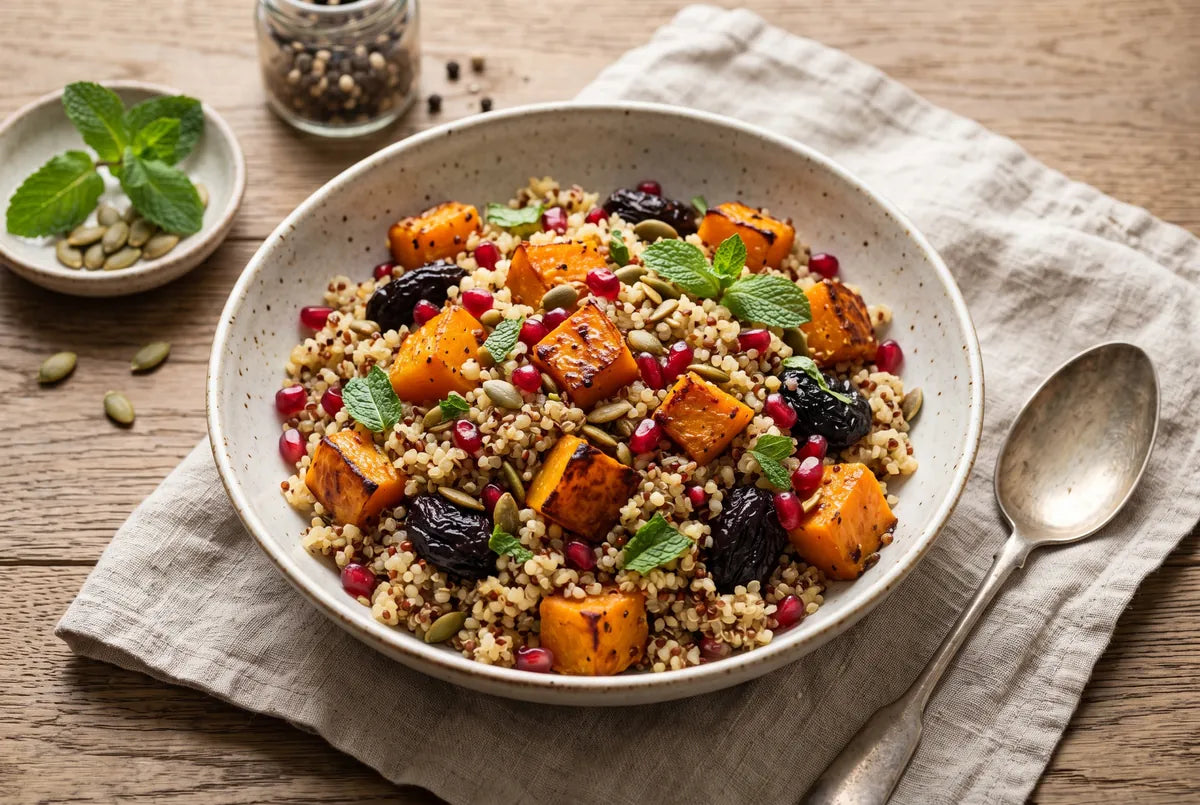 Warm quinoa with roasted pumpkin, prunes and ginger, finished with pomegranate and mint.
