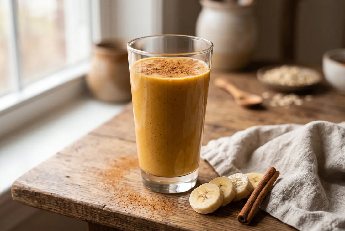 Creamy pumpkin winter smoothie with banana and cinnamon in a tall glass.