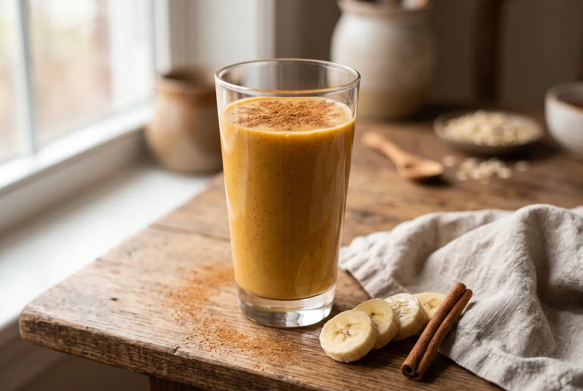 Creamy pumpkin winter smoothie with banana and cinnamon in a tall glass.