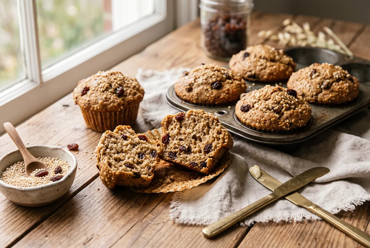 Whole-wheat muffins studded with quinoa and raisins.