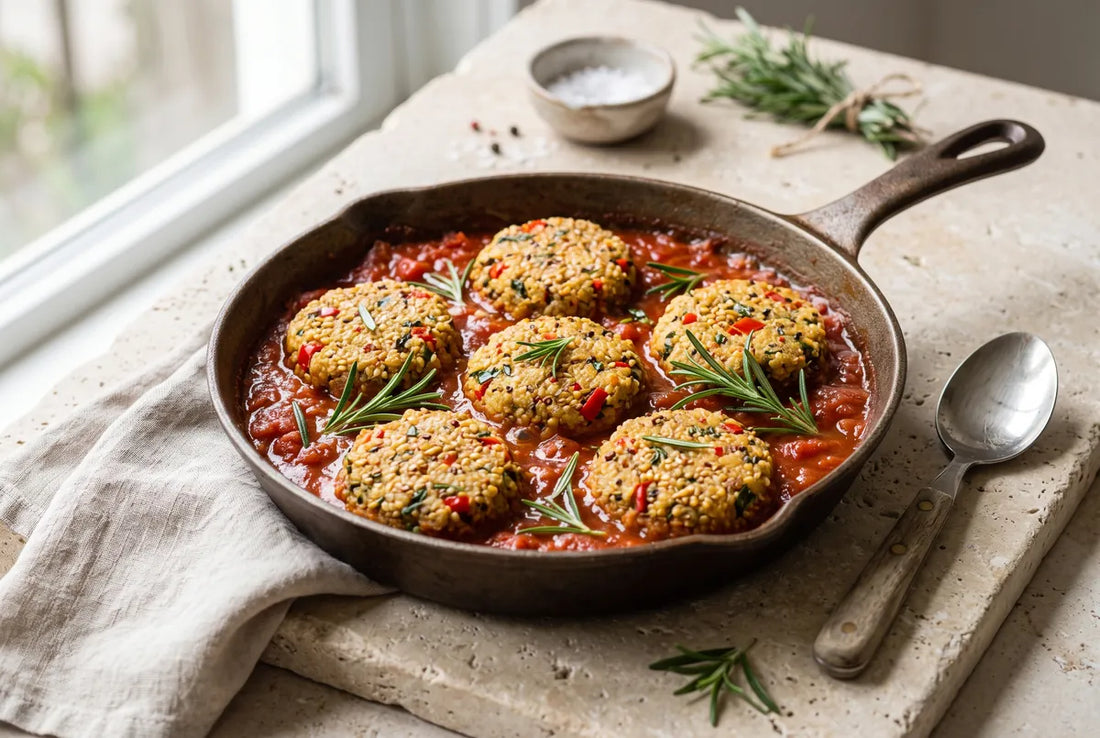 Baked quinoa patties finished in a fresh rosemary tomato sauce.