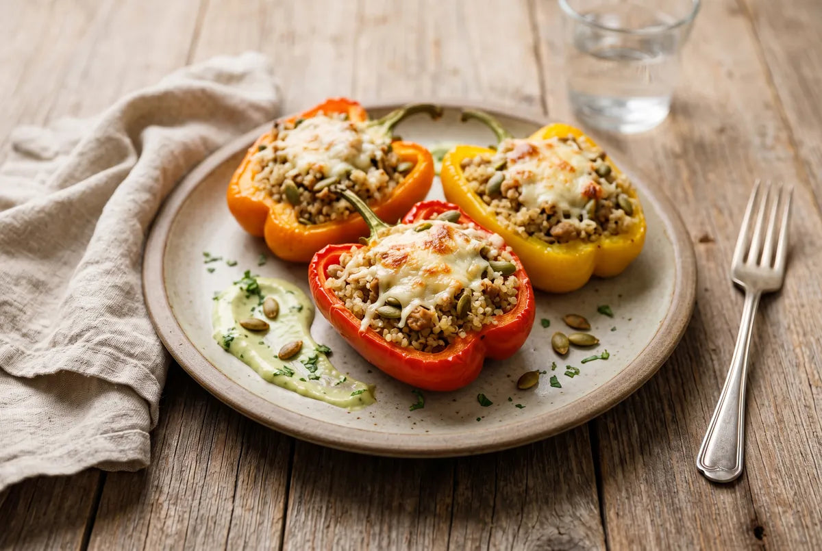 Roasted peppers filled with quinoa, turkey and pumpkin seeds, topped with parmesan.