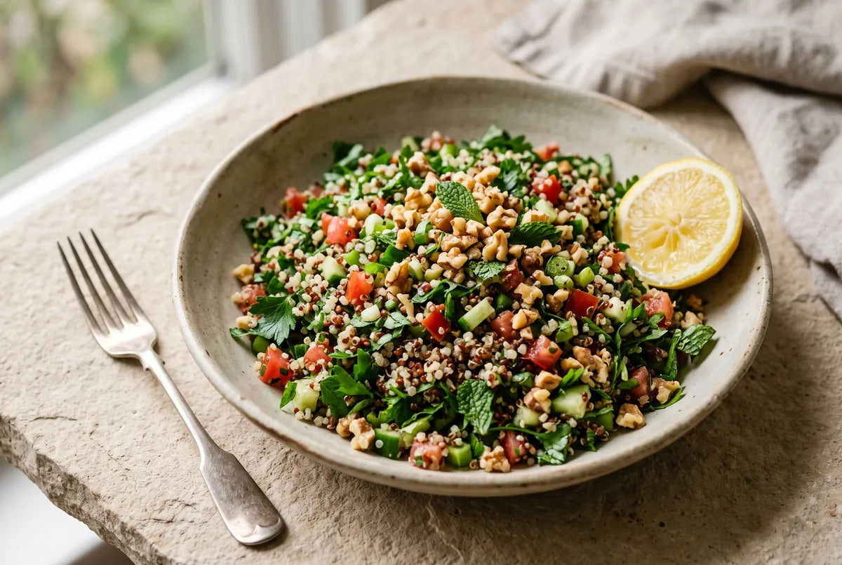 Quinoa tabbouleh with walnuts, tomato and plenty of parsley and mint.