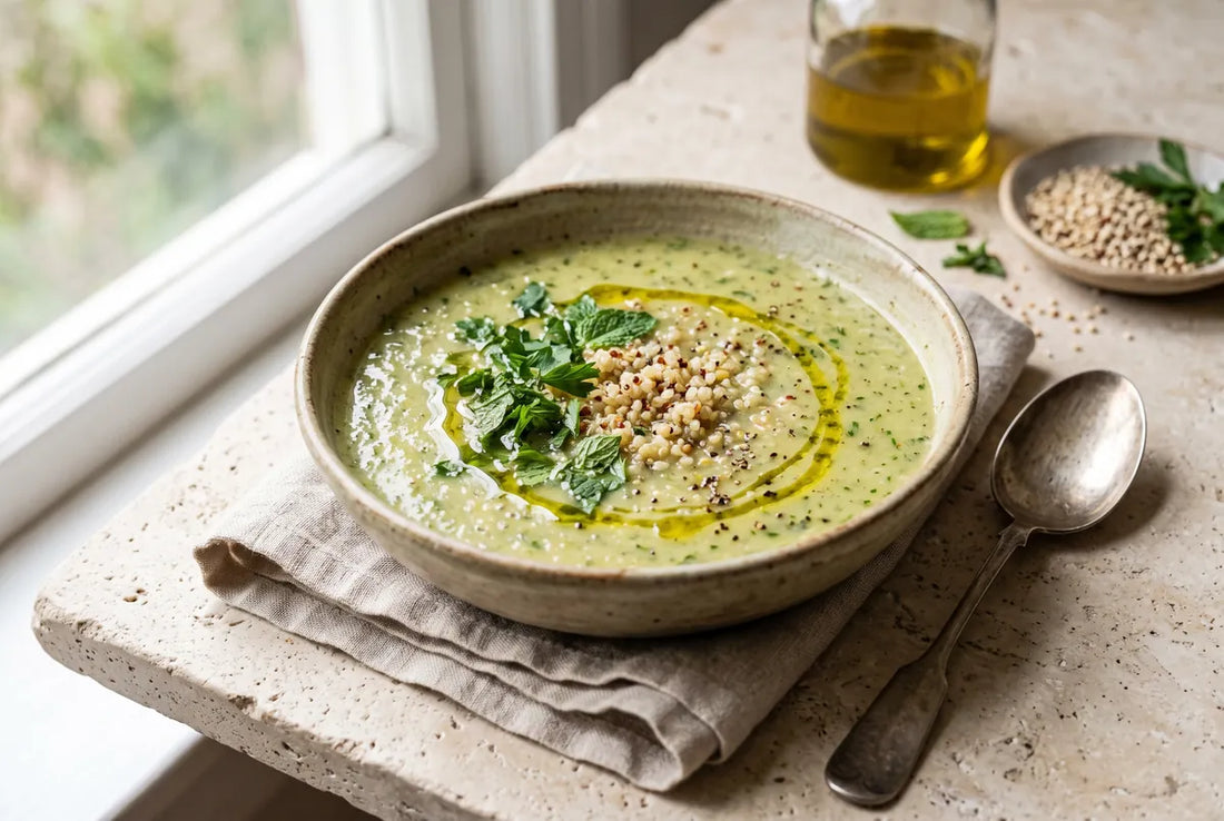 Herb-loaded quinoa, zucchini and tomato soup blended silky.