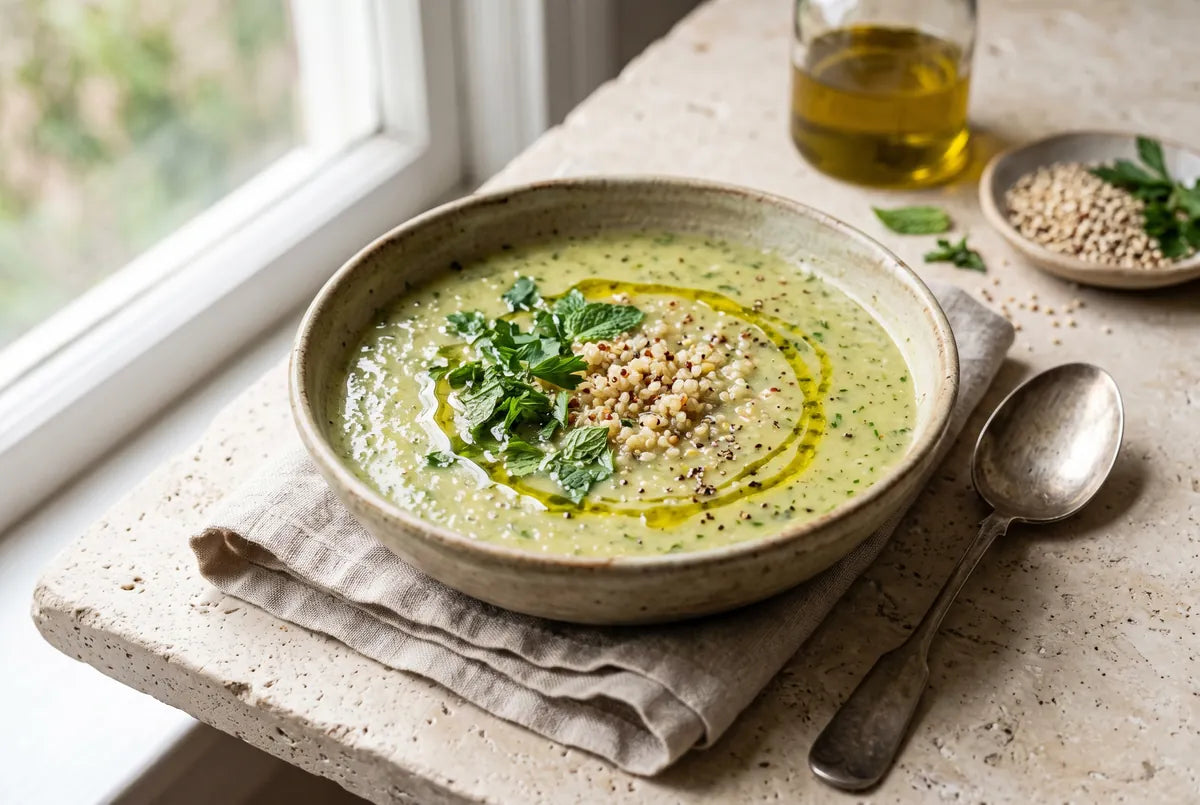Herb-loaded quinoa, zucchini and tomato soup blended silky.