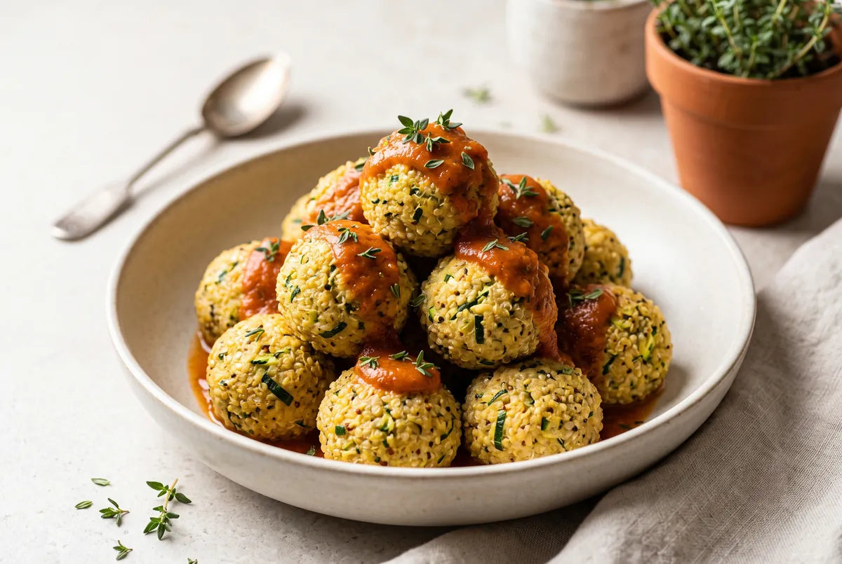 Baked quinoa and zucchini balls with a garlicky tomato-butter sauce.