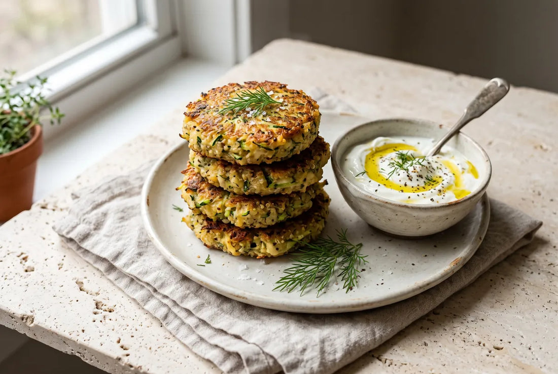 Pan-fried quinoa-zucchini patties with white cheese and dill, served with yogurt.
