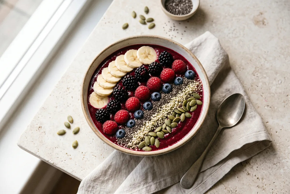 Thick beetroot, blackberry and banana smoothie bowl topped with fresh berries.