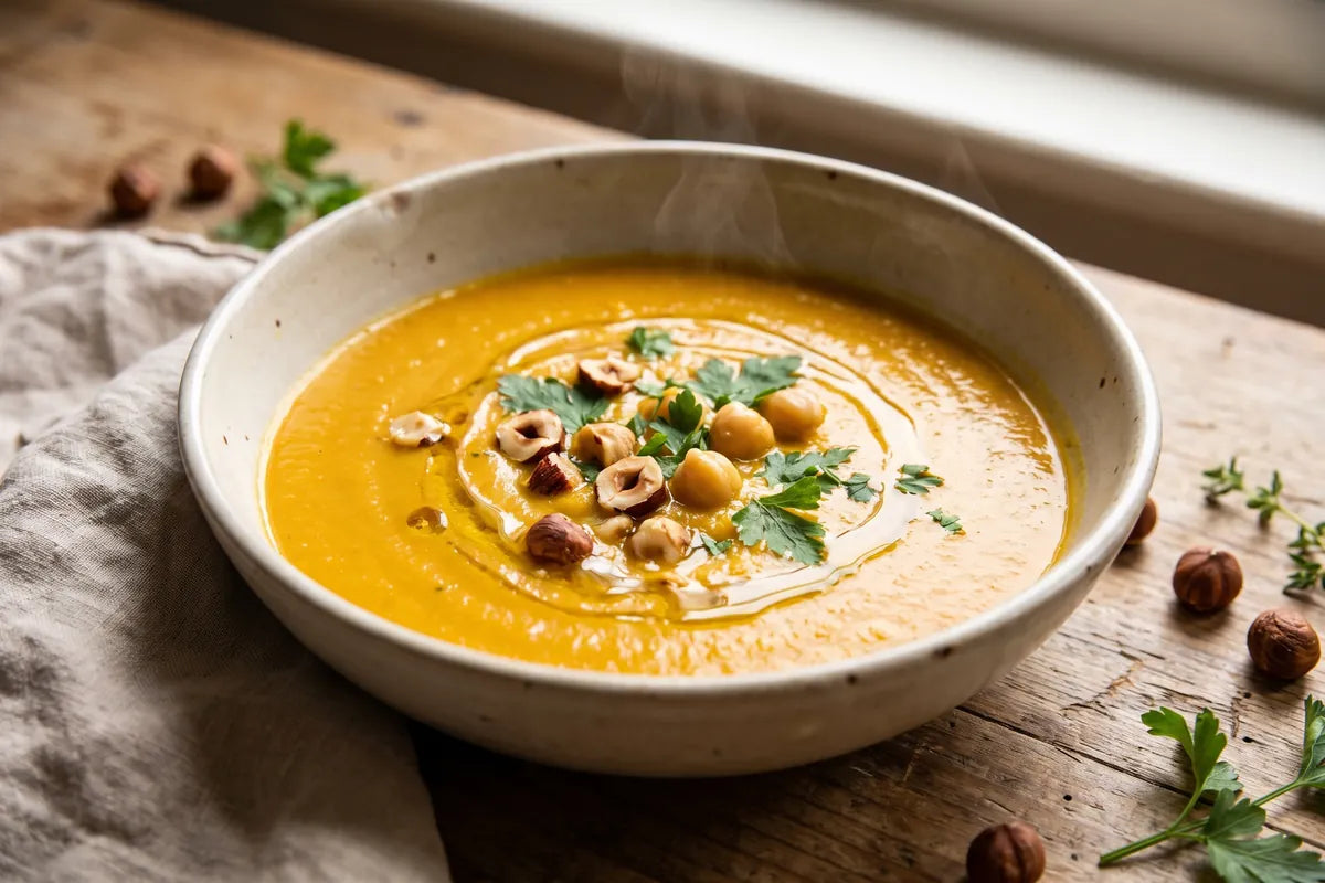 Silky roasted celeriac, carrot and chickpea soup in a shallow ceramic bowl, topped with toasted hazelnuts, olive oil and parsley