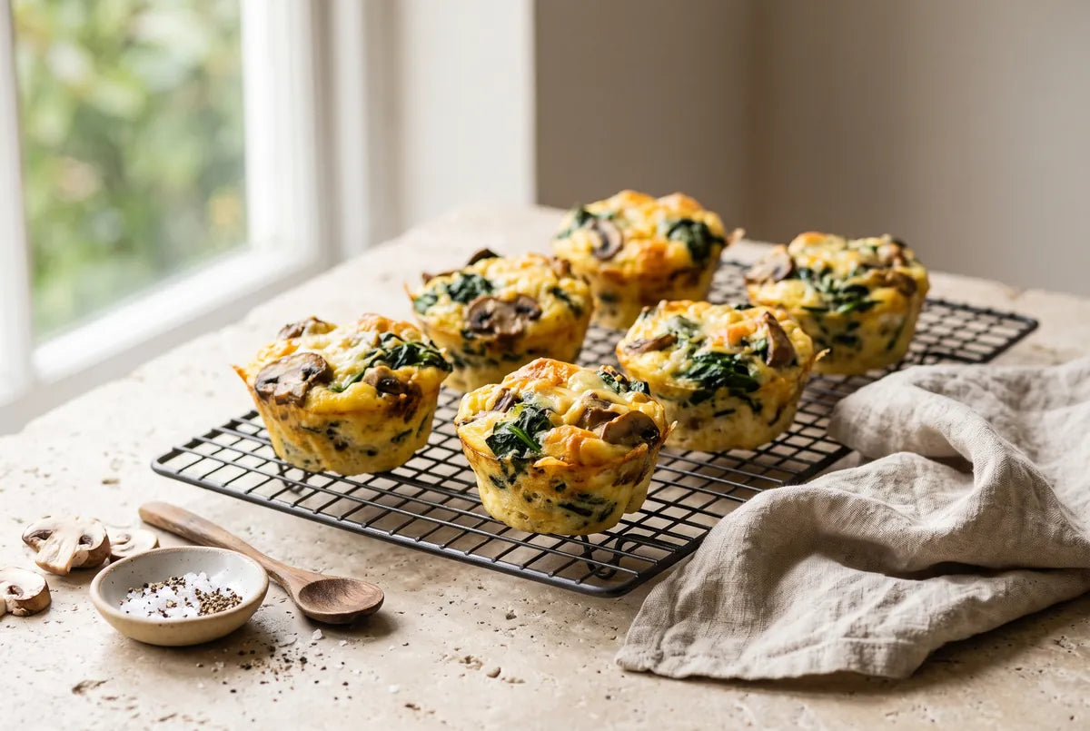 Fluffy baked egg muffins loaded with spinach, mushrooms and cheese.