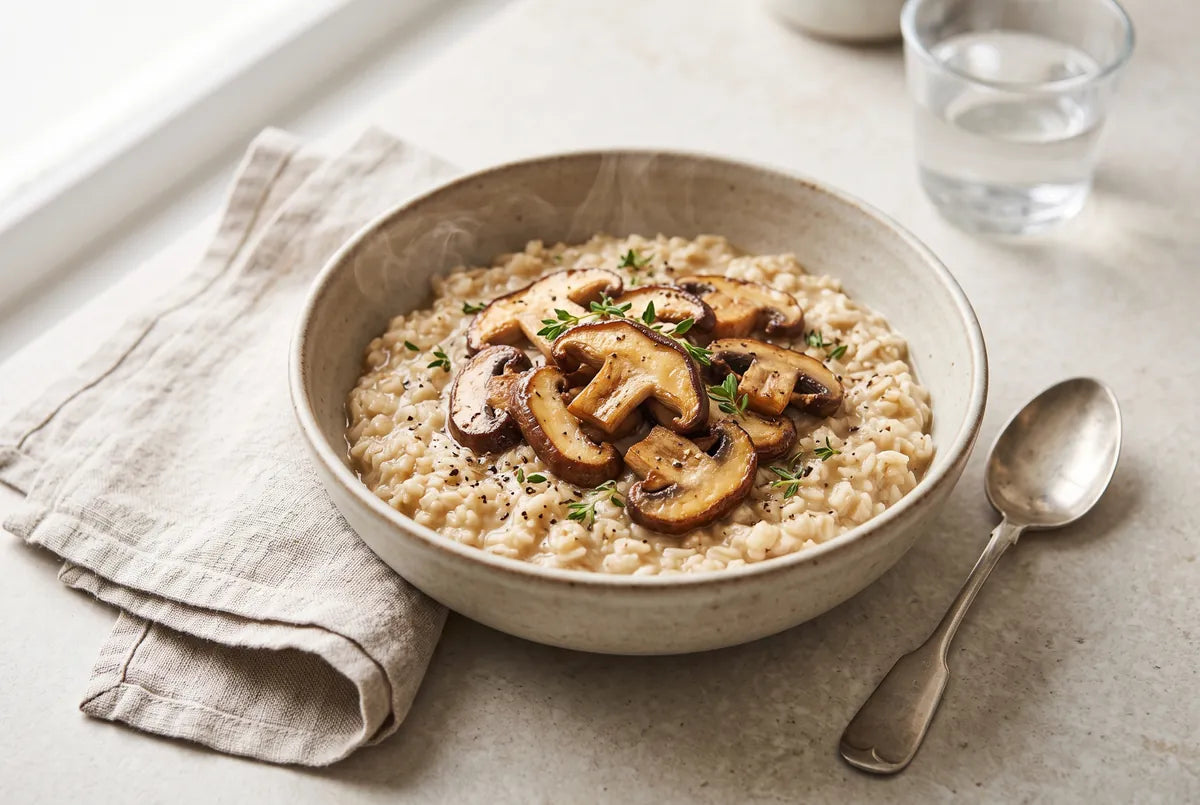 Savoury risotto-style oats with garlicky mushrooms, spinach and parmesan.