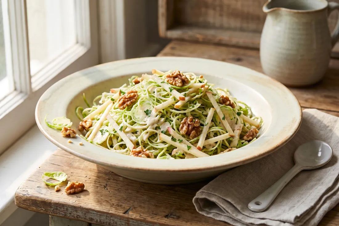 Shaved Brussels sprout, apple and walnut slaw with creamy lemon tahini dressing in a wide shallow ceramic bowl