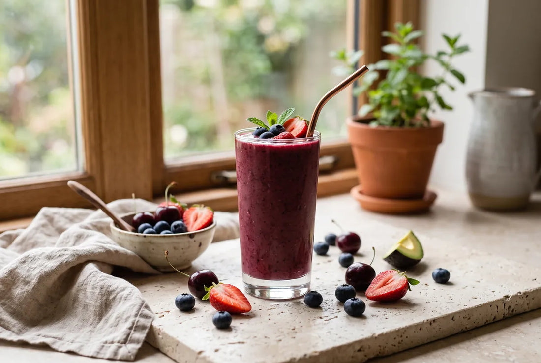 Red berry smoothie with blueberry, cherry, strawberry and avocado.
