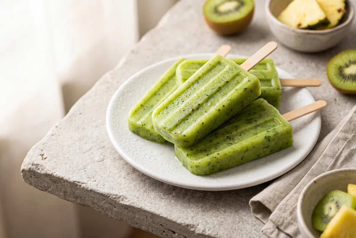 Green smoothie popsicles with banana, kiwi, spinach and pineapple.