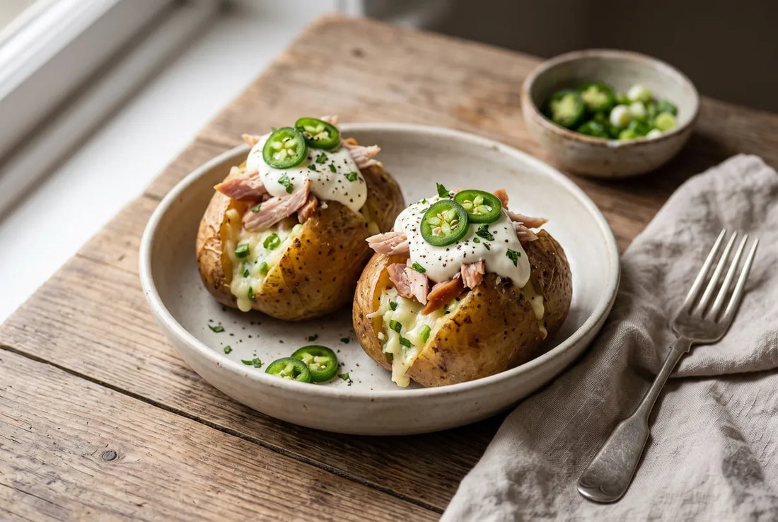 Baked jacket potatoes with cheese and spring onion mash, smoked turkey and jalapeno.