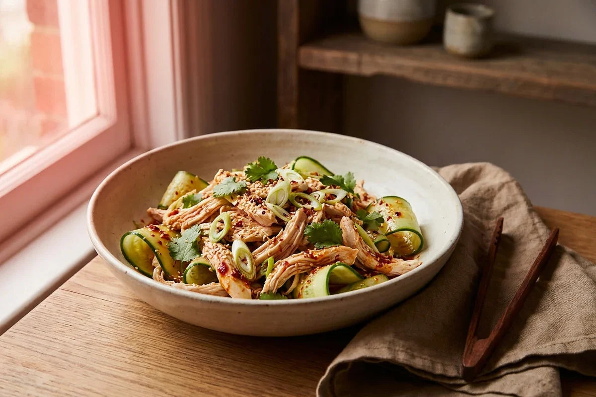 Spicy shredded chicken and cucumber ribbon salad with sesame, spring onion and fresh coriander.