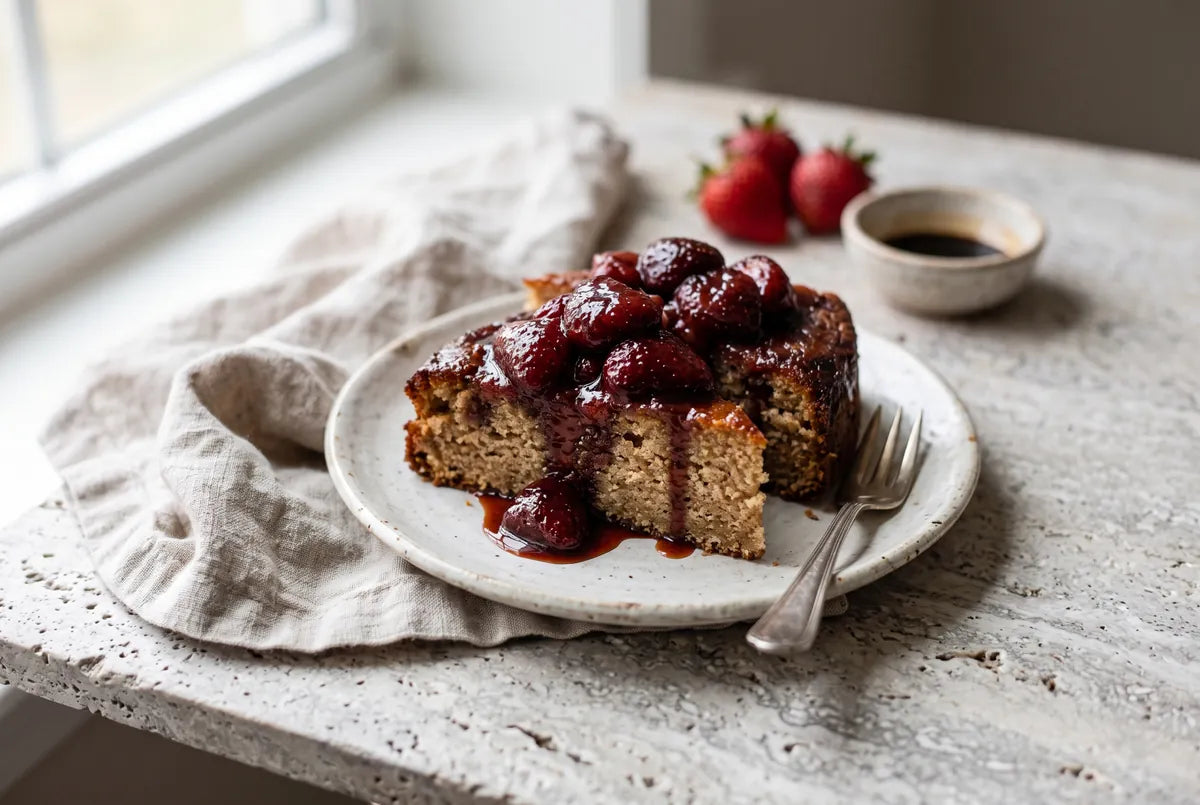 Caramelised cake slices topped with balsamic-macerated strawberry sauce.
