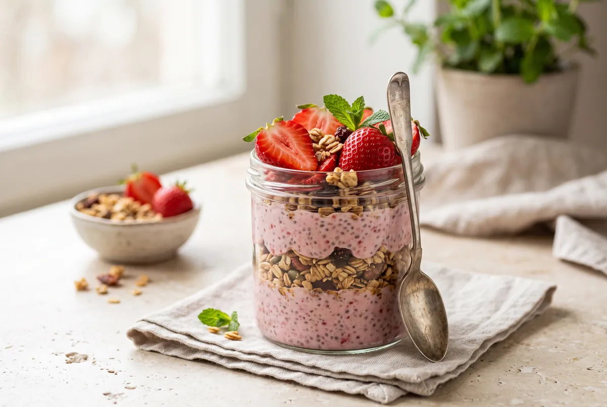 Overnight strawberry chia breakfast jar, ready to eat in five minutes.