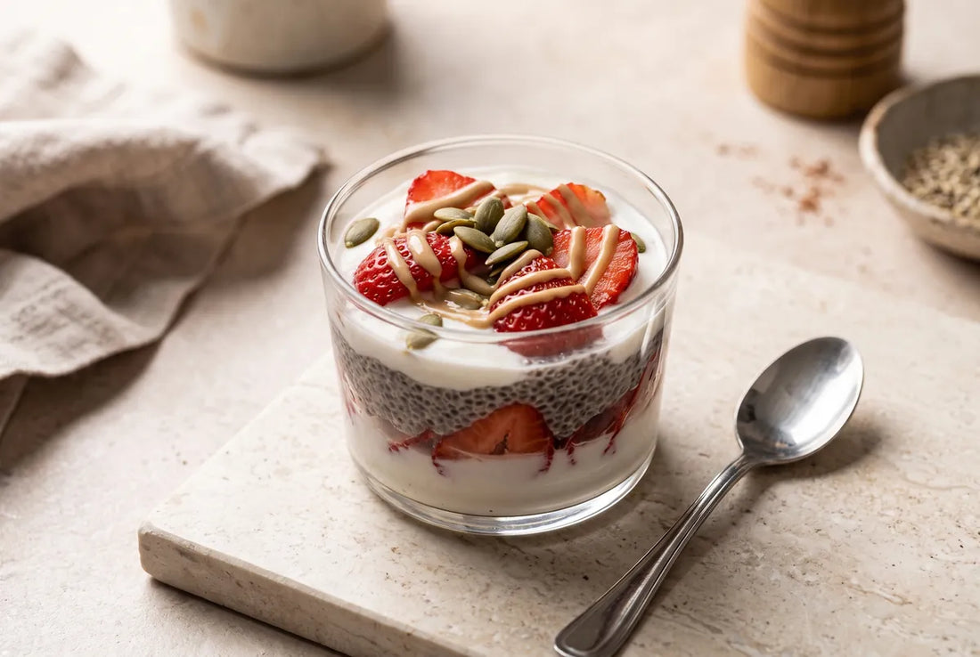 Layered strawberry chia parfait rich in fibre and healthy fats.