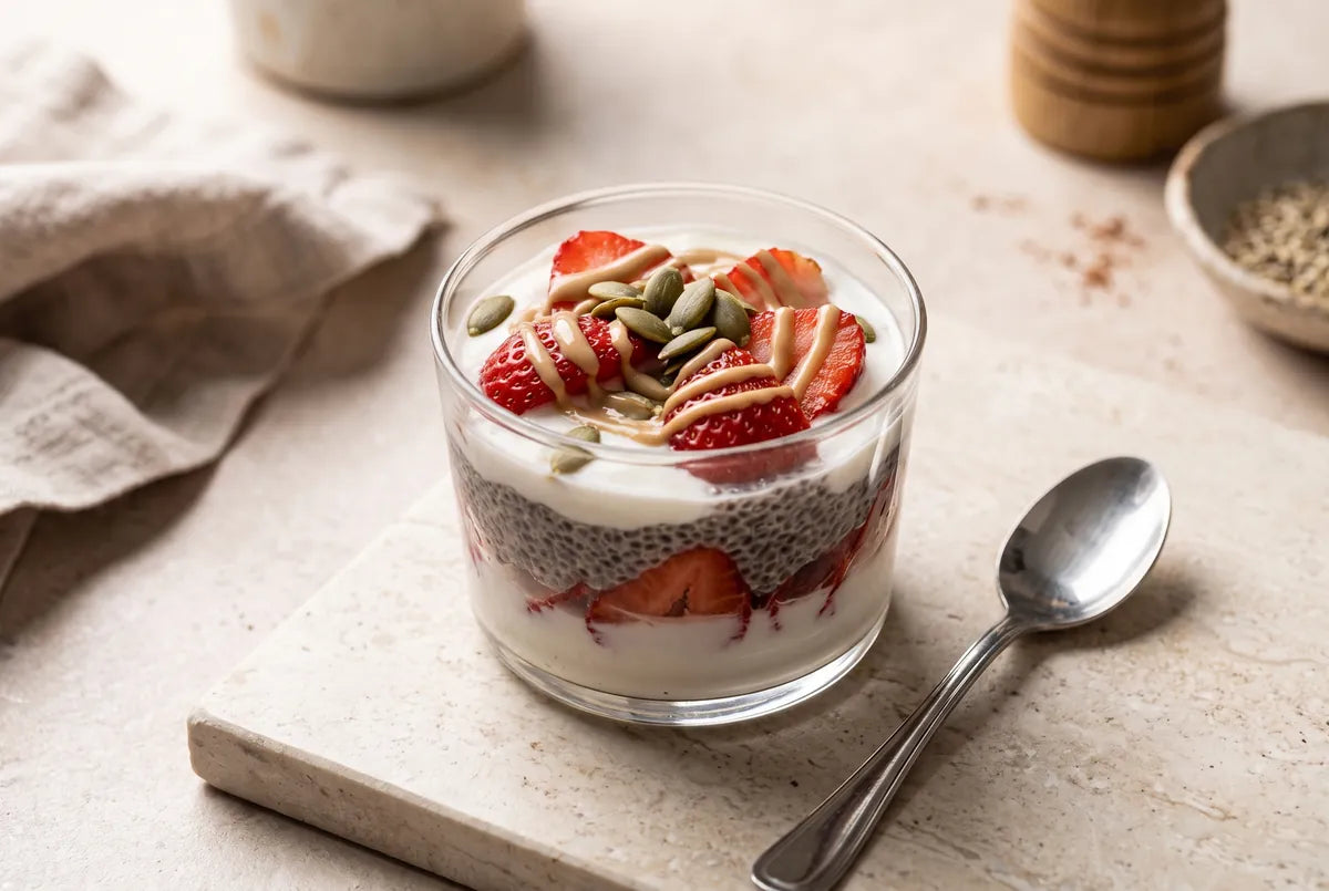 Layered strawberry chia parfait rich in fibre and healthy fats.