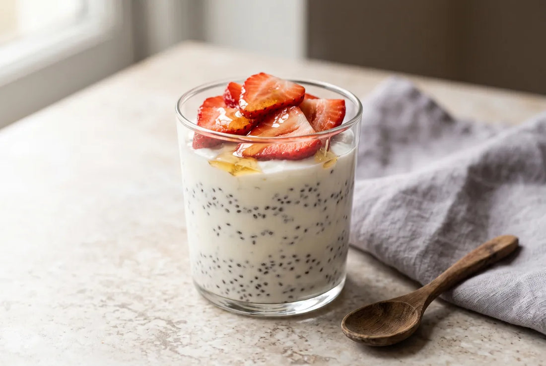 Creamy strained yogurt with chia, honey and fresh strawberries.