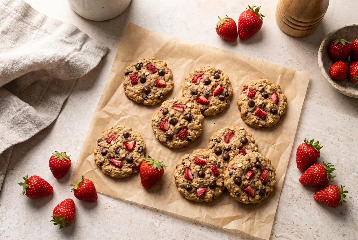 Soft banana-oat cookies with fresh strawberries and dark chocolate.