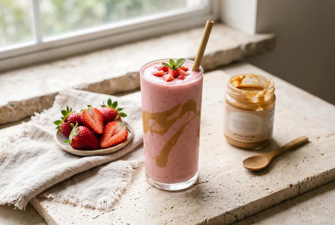 Strawberry peanut butter smoothie with banana and oats over milk.
