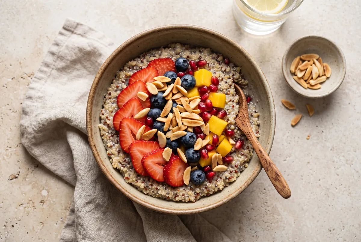 Energy bowl of quinoa, chia, fresh fruit and almonds for suhoor.
