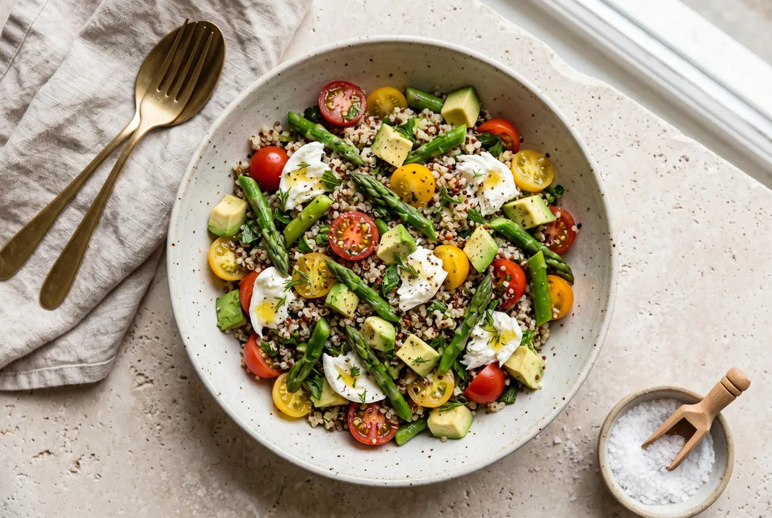 Summer quinoa salad with cherry tomatoes, asparagus, avocado and mozzarella.