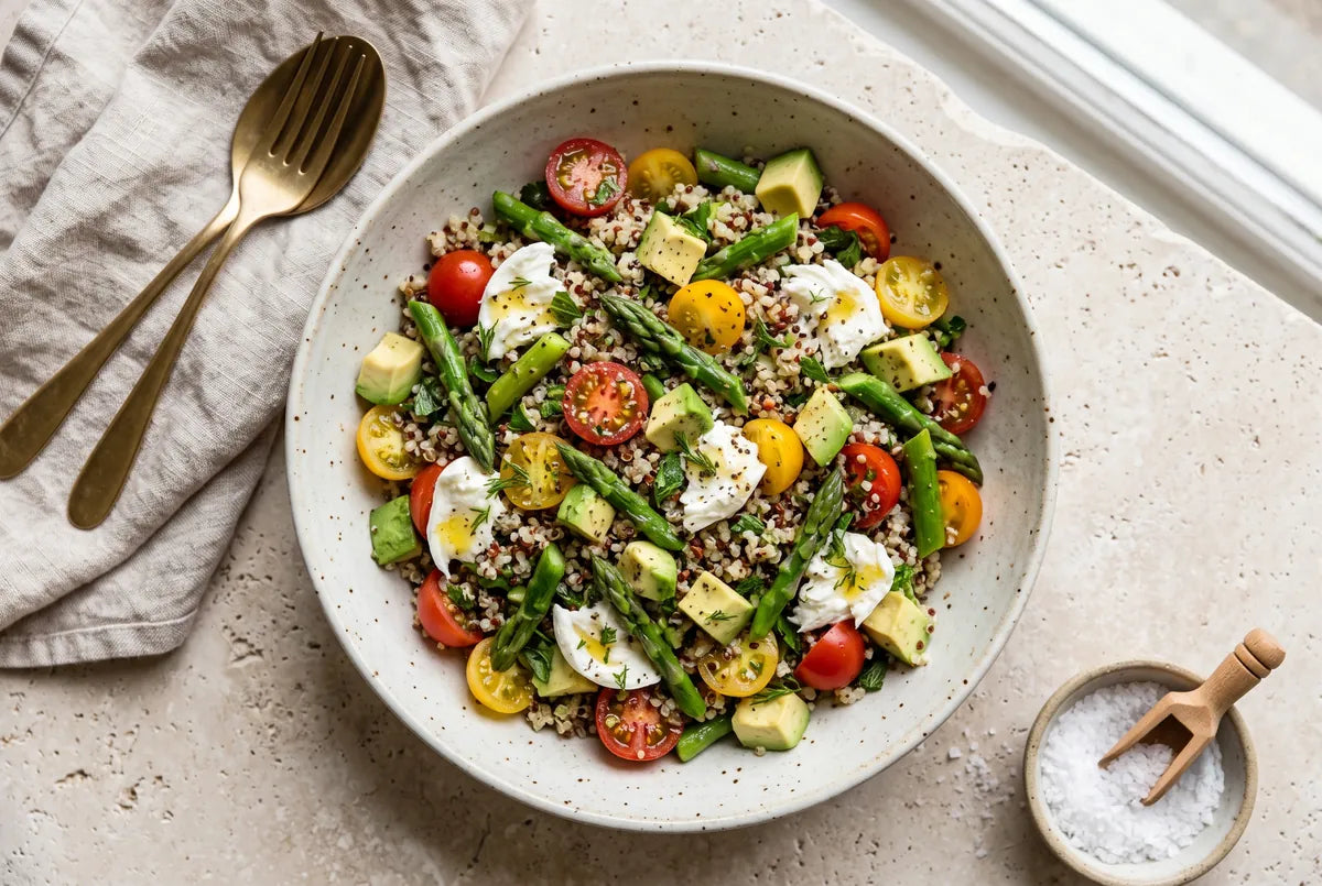 Summer quinoa salad with cherry tomatoes, asparagus, avocado and mozzarella.