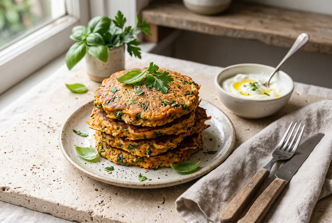 Savoury sweet potato and quinoa pancakes flecked with fresh basil and parsley.