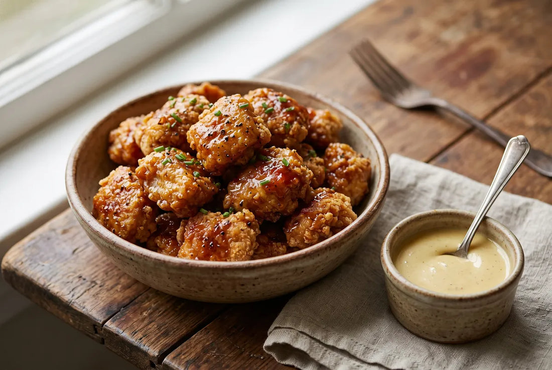 Crispy oven-baked chicken bites tossed in a honey-mustard and hot sauce glaze.