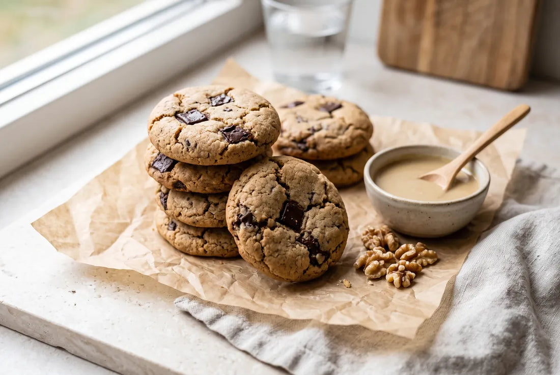 Tahini cookies with dark chocolate, crisp outside and soft inside.