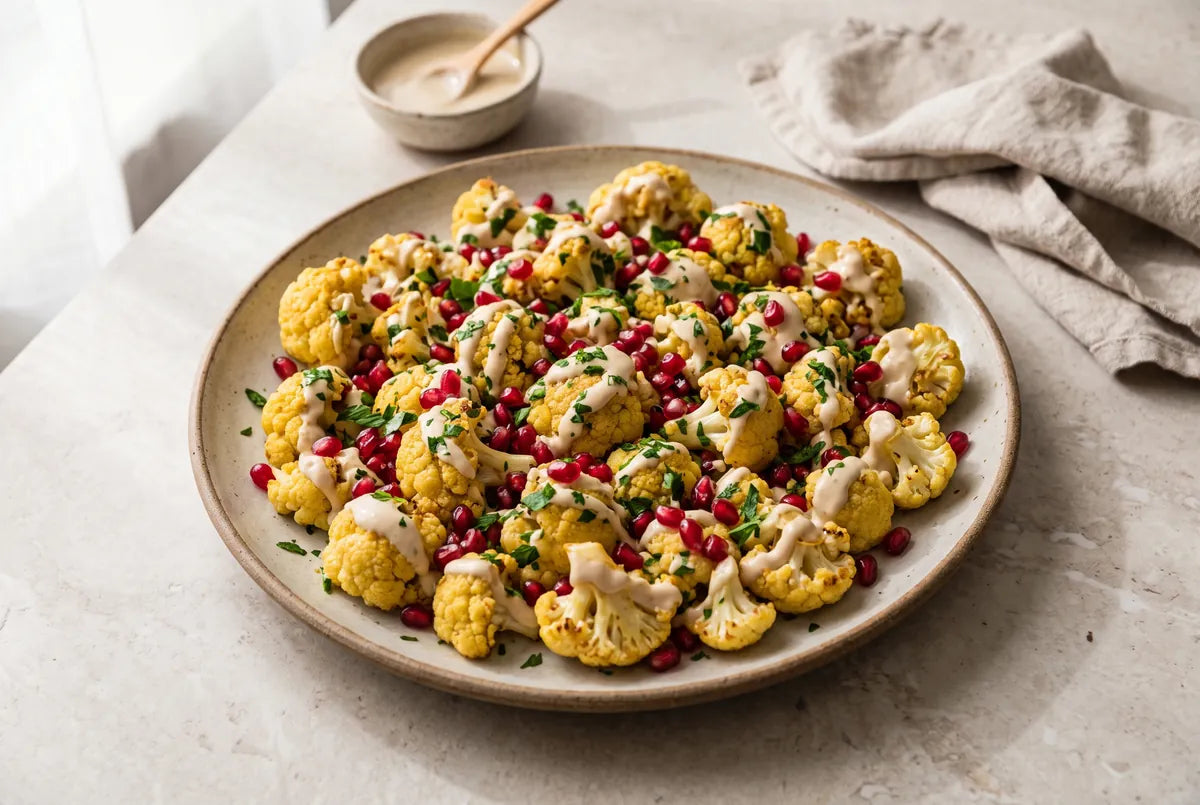 Roasted cauliflower steaks with cashew-tahini sauce, pomegranate and parsley.