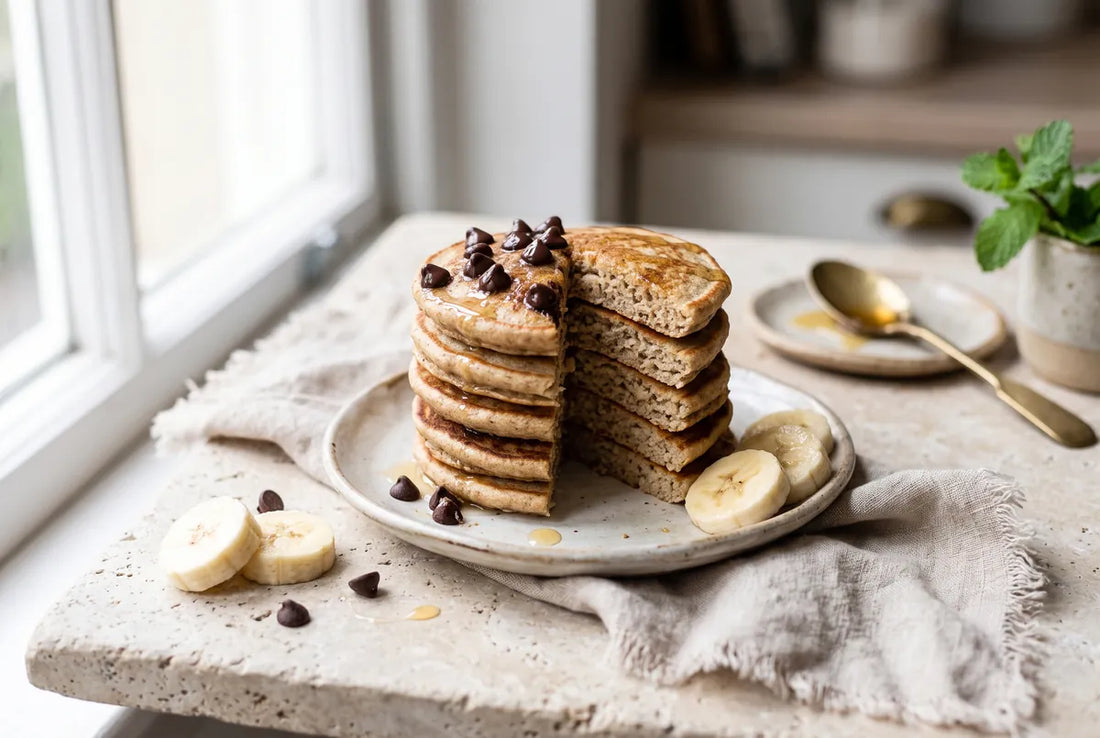 Fluffy wholewheat banana mini pancakes lifted with whipped egg whites.