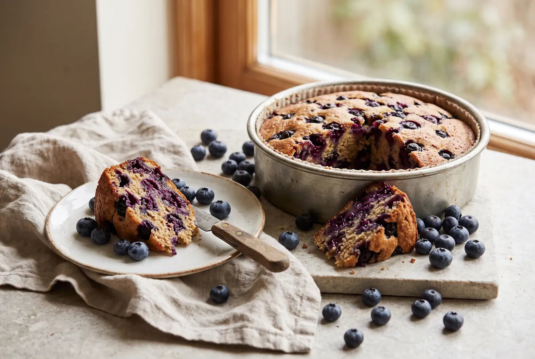 Sugar-free blueberry cake sweetened with apples and carob.