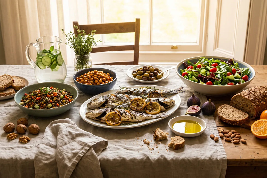 Abundant Mediterranean table with grilled fish, lentil salad, chickpeas, olives, green salad, olive oil and wholegrain bread