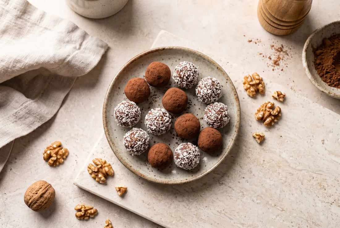 Three-ingredient chocolates of dates, walnuts and tahini rolled in cacao and coconut.