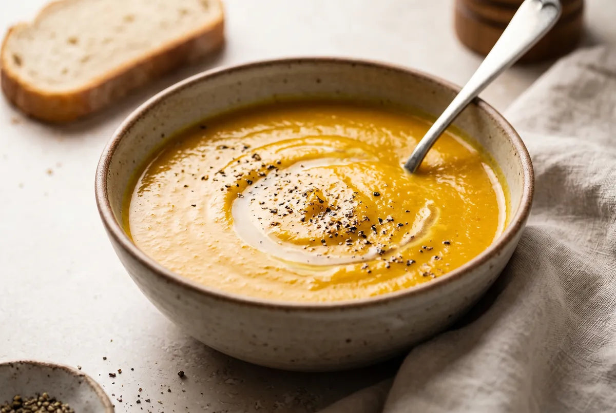 Silky vegetable soup simmered in turkey broth with turmeric and soy.