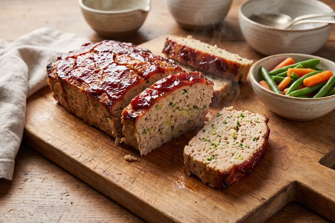 Sliced turkey meatloaf on a wooden board with a glossy red tomato-date glaze and steamed vegetables.