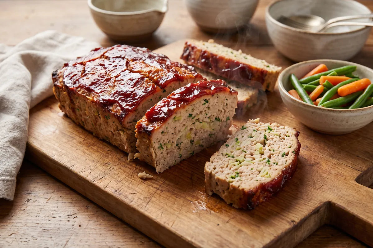 Sliced turkey meatloaf on a wooden board with a glossy red tomato-date glaze and steamed vegetables.