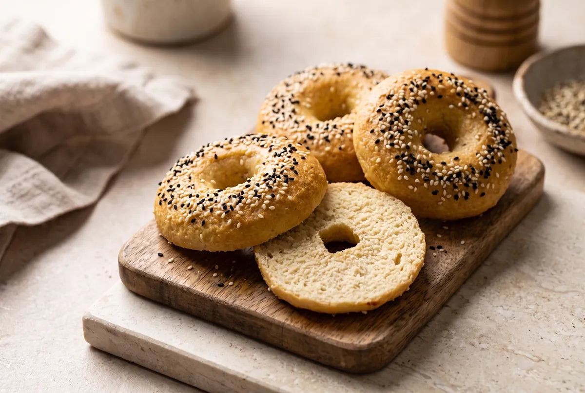 Two-ingredient keto bagel made from yogurt and almond flour.