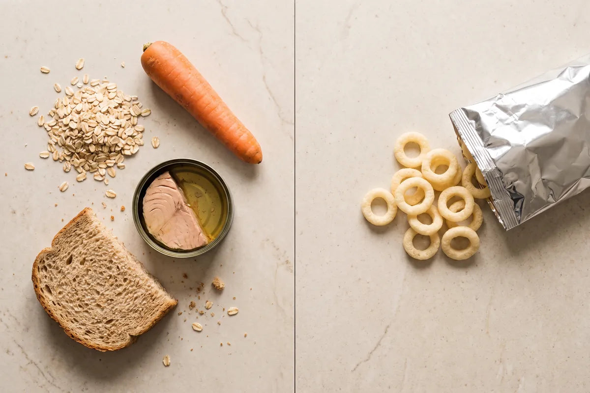 Overhead still life contrasting a plain wholefood with a packaged snack food