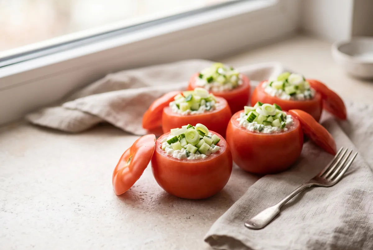 Fresh tomatoes stuffed with curd cheese, cucumber and spring onion.