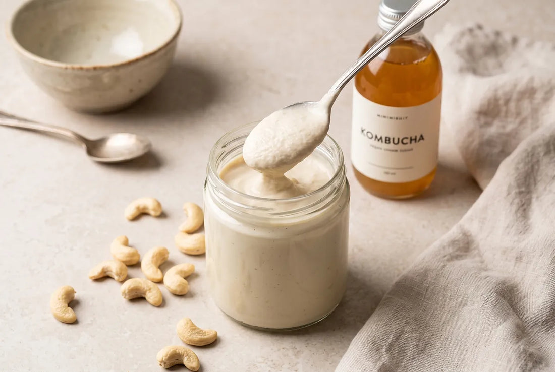 Vegan cashew yogurt cultured with kombucha in a glass jar.