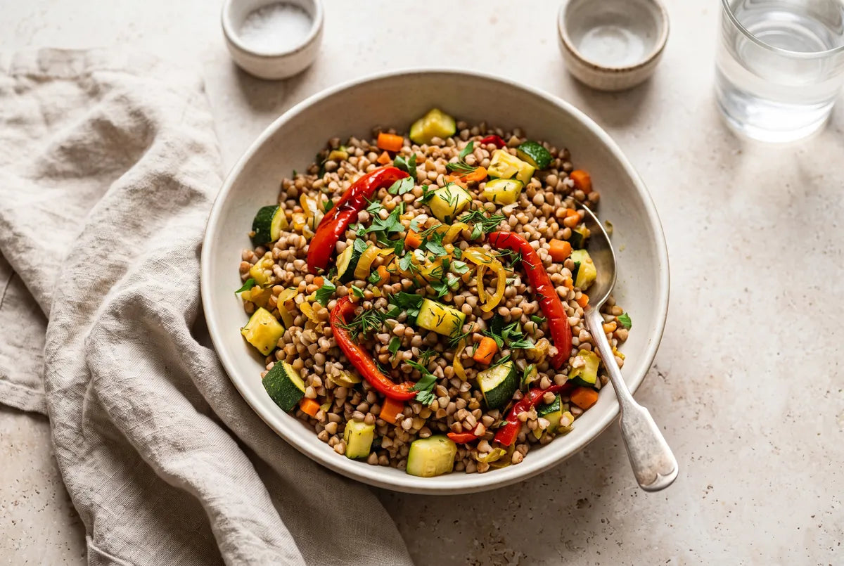 Bowl of vegetable buckwheat pilaf packed with colourful veg, ready in 10 minutes.