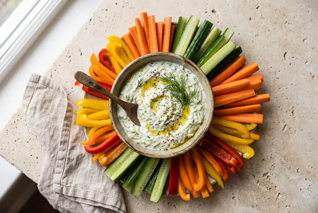 Garlicky yogurt dip with courgette and celeriac, served with vegetable sticks.