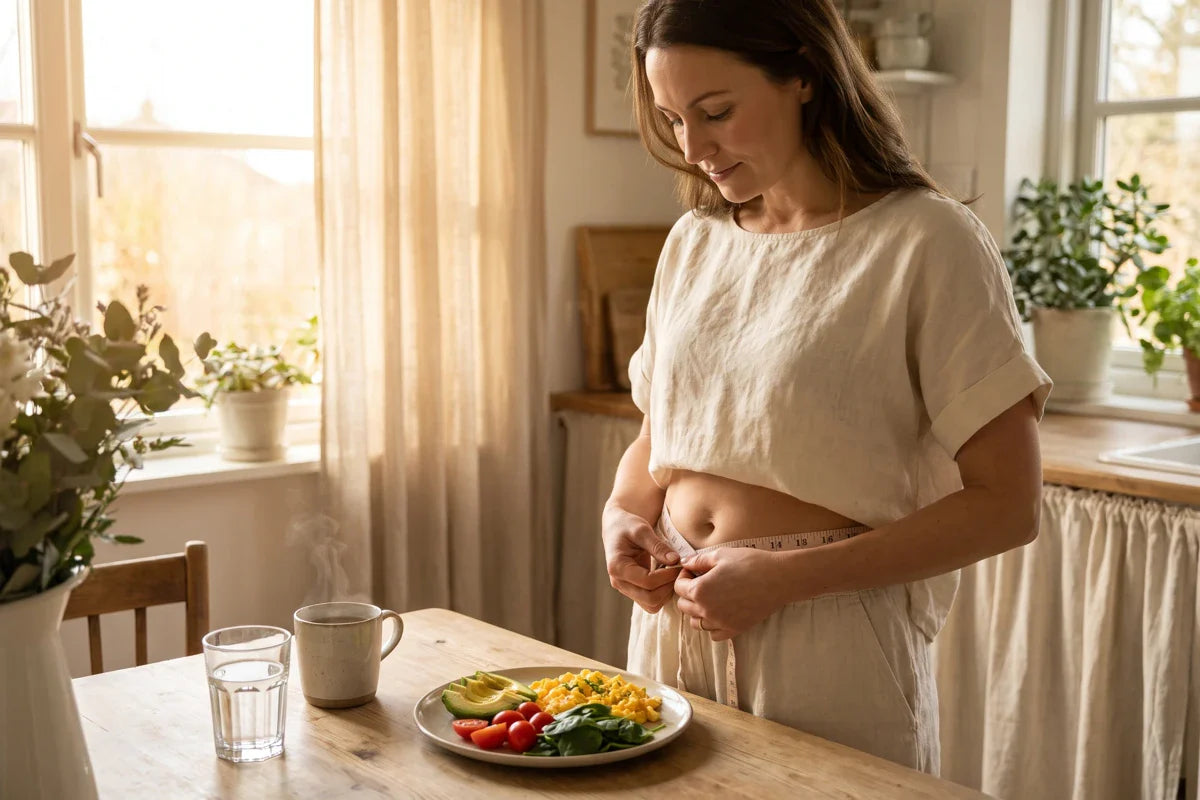 Woman in soft morning light gently measuring her waist with a tape measure beside a healthy breakfast.